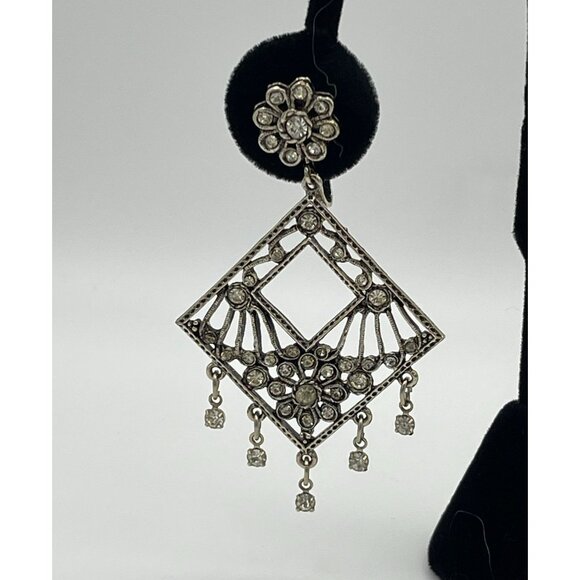 Vintage Silver Tone Dangle Earrings Clip Clear Rhinestones 2.5" - Picture 2 of 13